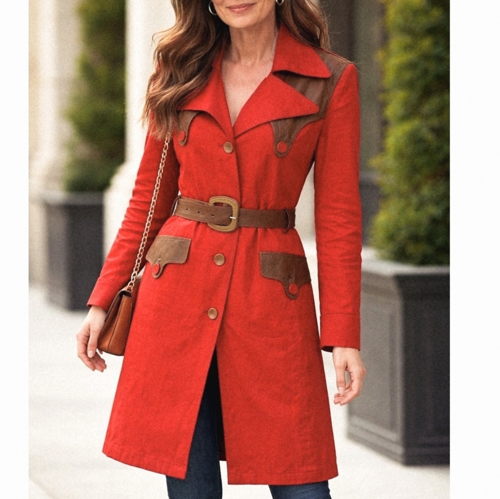 Hayden Harnett Red trench coat With Western leather Belt and accents